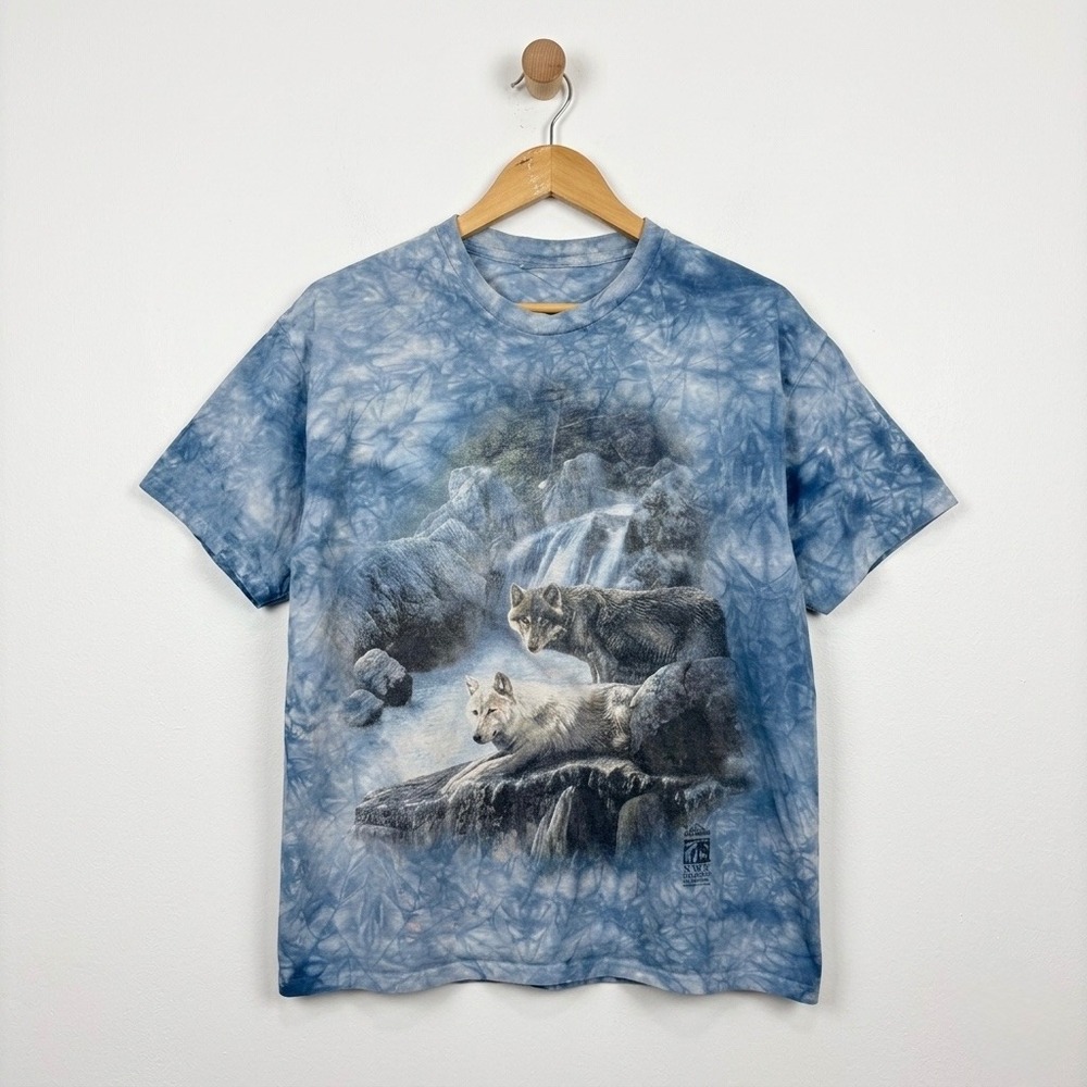 Vintage 1999 The Mountain Wolf Tie Dye T-Shirt Bob Henley NWF Blue Mens L 5052